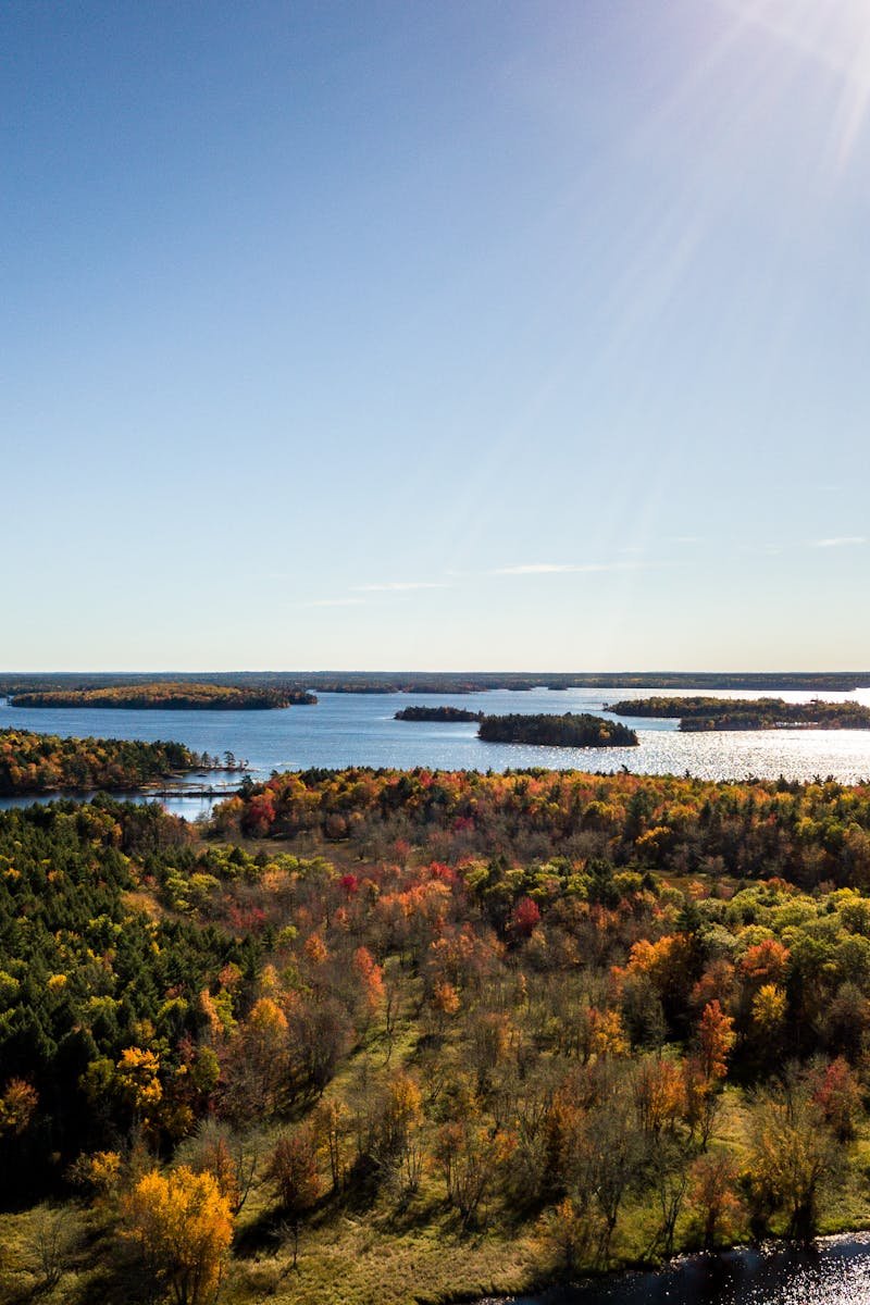 Breathtaking aerial view of Jakes Landing, Nova Scotia, showcasing vibrant autumn foliage and clear blue sky.
